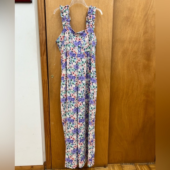 New Kori Floral Print Ruffle Straps with Back Tie Jumpsuit in Lavender Size XL - Picture 5 of 14